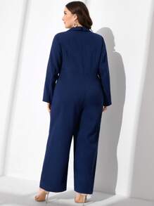 Modelyn Plus Lapel Neck Double Button Wide Leg Jumpsuit - Navy Blue - View 2