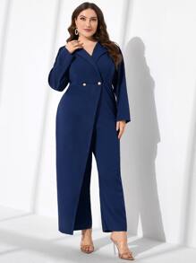 Modelyn Plus Lapel Neck Double Button Wide Leg Jumpsuit - Navy Blue - View 3