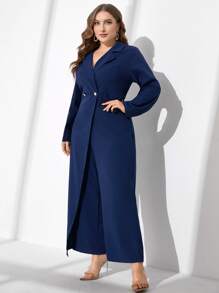 Modelyn Plus Lapel Neck Double Button Wide Leg Jumpsuit - Navy Blue - View 4