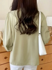 DAZY Solid Tie Front Peter Pan Collar Blouse - Green - View 2