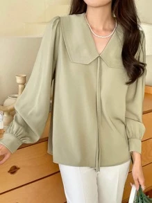 DAZY Solid Tie Front Peter Pan Collar Blouse - Green - View 3