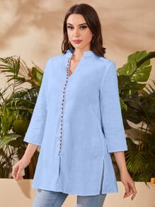 Mulvari 缺口領下擺開叉襯衫 - 淺藍色 - 查看 1