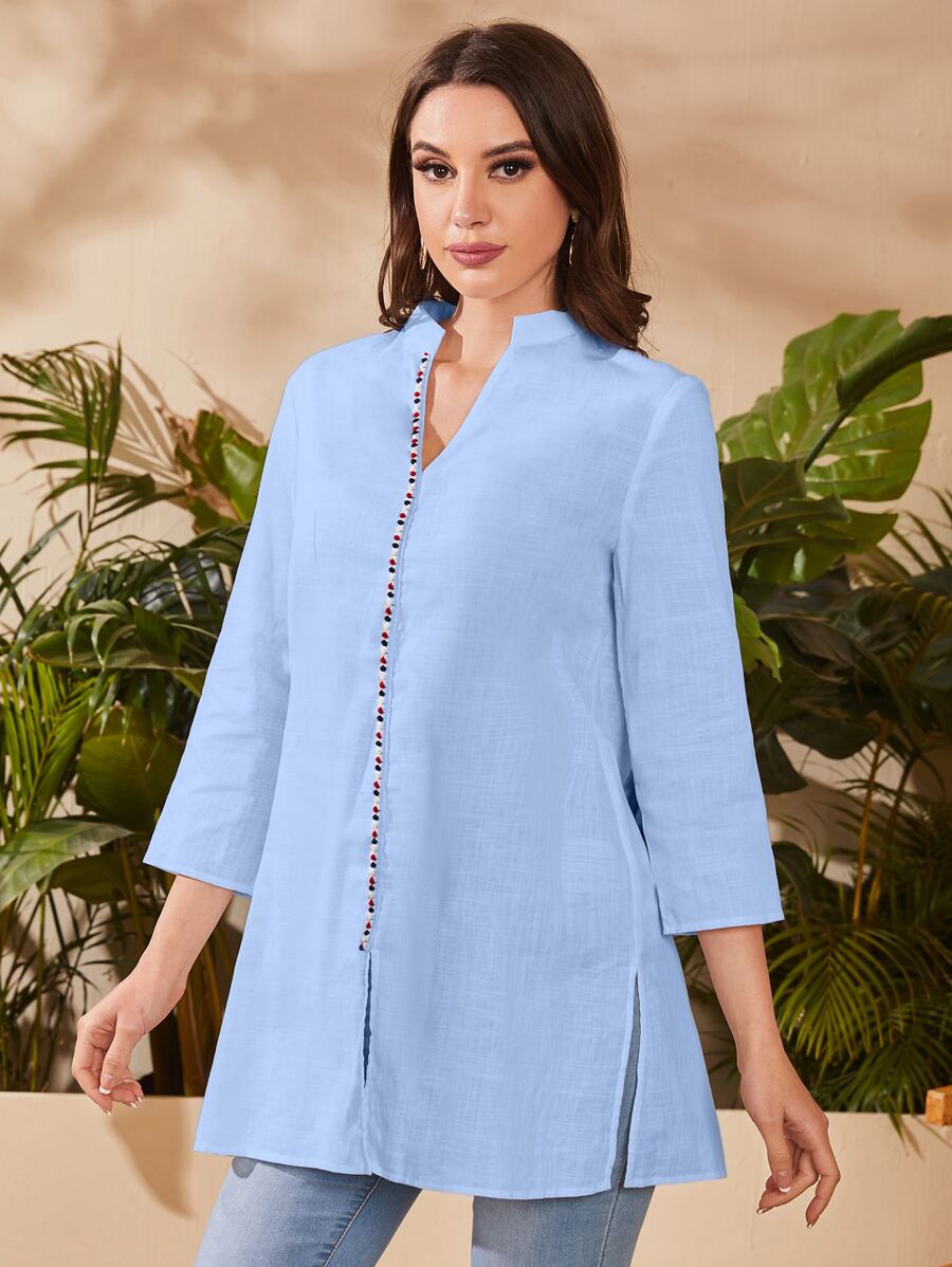 Mulvari Áo sơ mi nữ Chia màu trơn Giải trí - Màu xanh nhạt - Xem 1