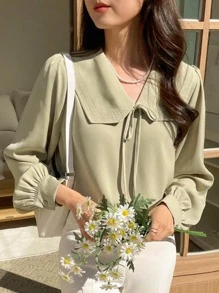 DAZY Solid Tie Front Peter Pan Collar Blouse - Green - View 4