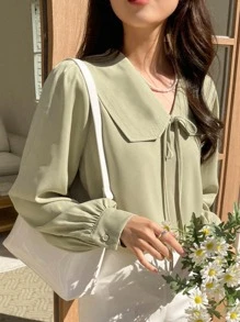 DAZY Solid Tie Front Peter Pan Collar Blouse - Green - View 5