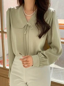 DAZY Solid Tie Front Peter Pan Collar Blouse - Green - View 6