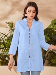 Mulvari 缺口領下擺開叉襯衫 - 淺藍色 - 查看 3