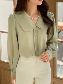 DAZY Solid Tie Front Peter Pan Collar Blouse - Green - View 7