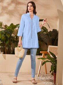 Mulvari 缺口領下擺開叉襯衫 - 淺藍色 - 查看 5