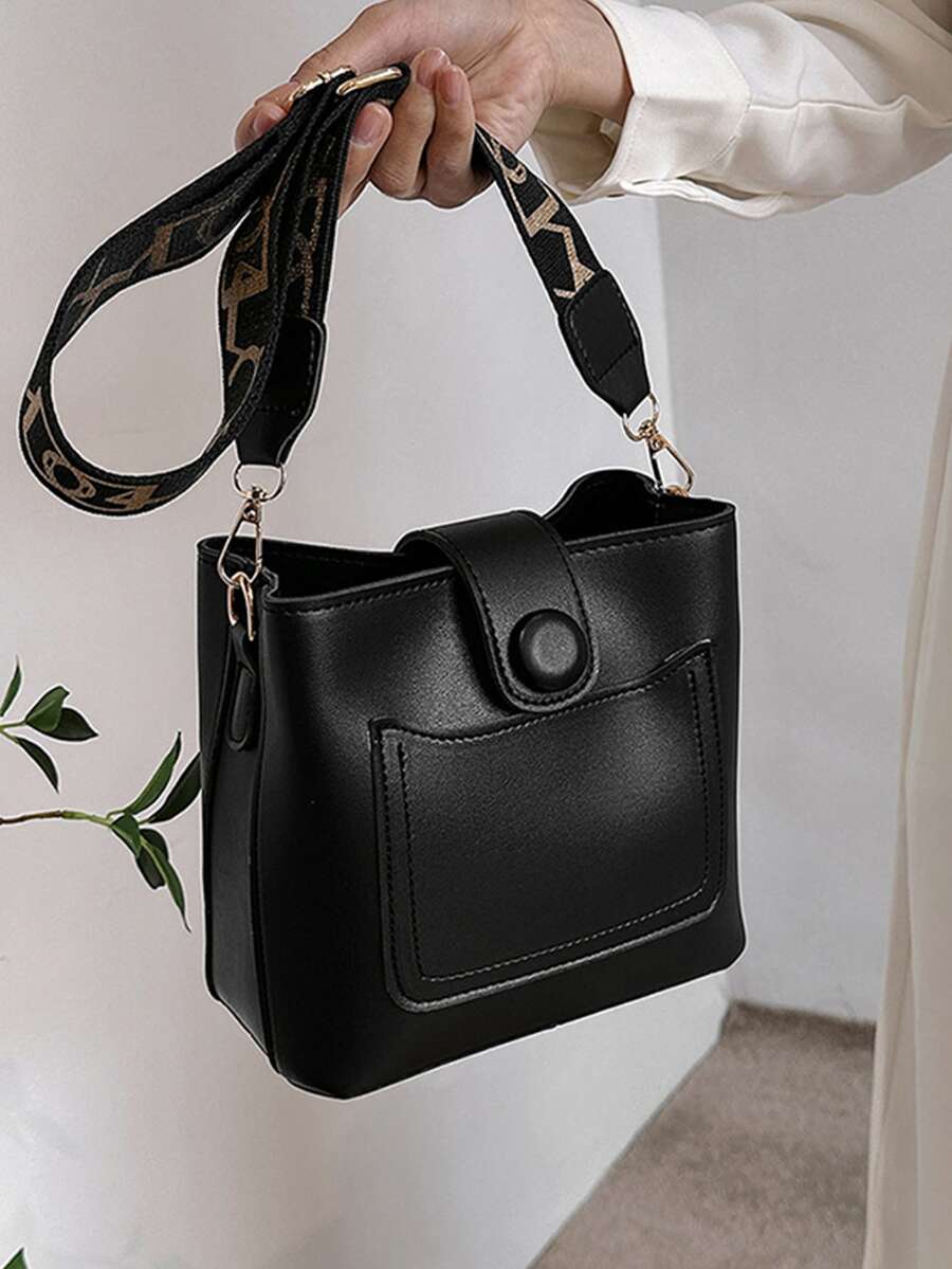 迷你水桶包紐扣裝飾PU皮革適用於日常 - 黑色 - 查看 1