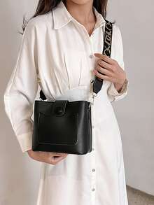 迷你水桶包紐扣裝飾PU皮革適用於日常 - 黑色 - 查看 2