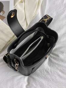 迷你水桶包紐扣裝飾PU皮革適用於日常 - 黑色 - 查看 4