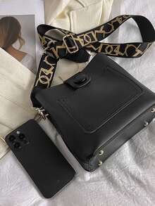 迷你水桶包紐扣裝飾PU皮革適用於日常 - 黑色 - 查看 6