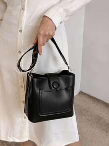 迷你水桶包紐扣裝飾PU皮革適用於日常 - 黑色 - 查看 8