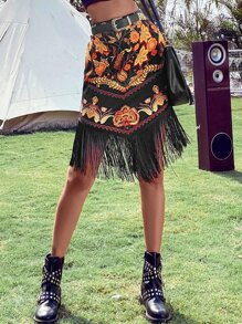 Breezaya Floral Print Fringe Trim Skirt Vacation Beach Outfits Women - Multicolor - View 1