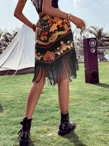 Breezaya Floral Print Fringe Trim Skirt Vacation Beach Outfits Women - Multicolor - View 2