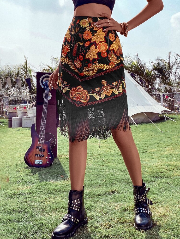 Breezaya Floral Print Fringe Trim Skirt Vacation Beach Outfits Women - Multicolor - View 3