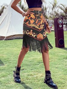 Breezaya Floral Print Fringe Trim Skirt Vacation Beach Outfits Women - Multicolor - View 5