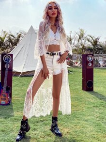 SHEIN Swim Floral Embroidery Mesh Tie Front Kimono, For Summer Beach Vacation - White - View 3