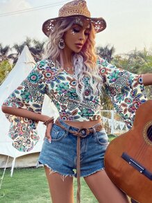 Breezaya Floral Print Flounce Sleeve Crop Blouse - Multicolor - View 2