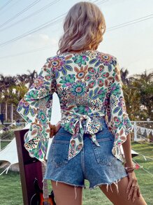 Breezaya Floral Print Flounce Sleeve Crop Blouse - Multicolor - View 3
