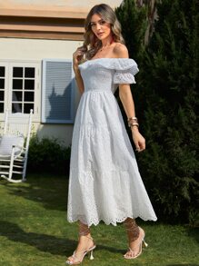 Simplee Women's Summer New Embroidered Solid Strapless High Waist Dress, Party Dress, Music Festival, Graduation Party - White - View 5