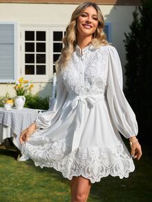 Simplee 水溶蕾絲拼接燈籠袖繫腰帶連衣裙 - 白色 - 查看 6