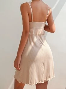 荷葉邊前蝴蝶結木耳邊吊帶睡裙 - 杏色 - 查看 2