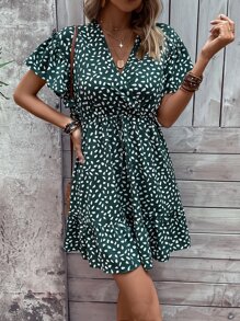 SHEIN LUNE Vestido con estampado de manga mariposa bajo con fruncido - Verde Oscuro - Ver 2