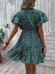 SHEIN LUNE Vestido con estampado de manga mariposa bajo con fruncido - Verde Oscuro - Ver 3