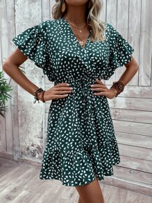 SHEIN LUNE Vestido con estampado de manga mariposa bajo con fruncido - Verde Oscuro - Ver 1
