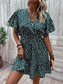 SHEIN LUNE Vestido con estampado de manga mariposa bajo con fruncido - Verde Oscuro - Ver 7