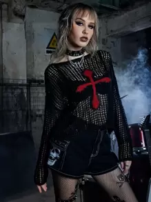 ROMWE Grunge Punk Áo len nữ Cắt ra cắt Đồ họa Gợi cảm - màu đen - Xem 1