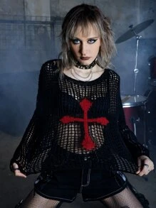 ROMWE Grunge Punk Áo len nữ Cắt ra cắt Đồ họa Gợi cảm - màu đen - Xem 3