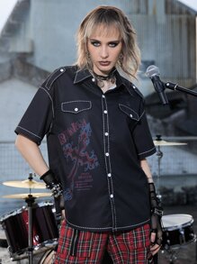 ROMWE Grunge Punk Áo sơ mi nữ Nút phía trước Đồ họa Lá thư Giải trí - màu đen - Xem 5