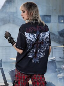 ROMWE Grunge Punk Áo sơ mi nữ Nút phía trước Đồ họa Lá thư Giải trí - màu đen - Xem 6