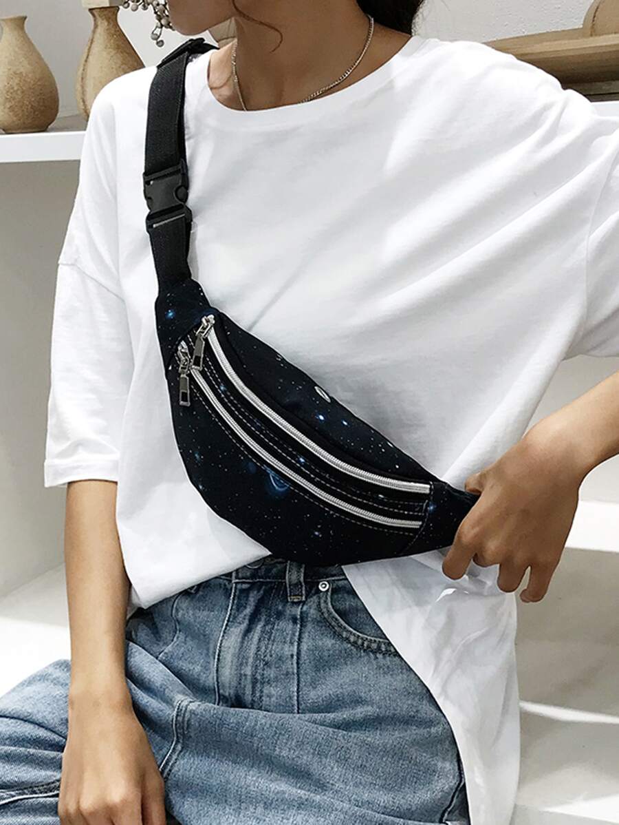 隨機銀河圖案腰包拉鍊適合日常生活