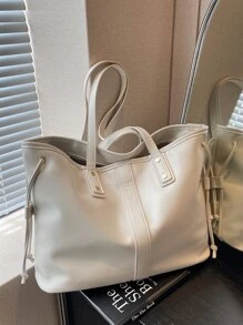 Studded Detail Shoulder Tote Bag PU Large Capacity For Daily Life - Beige - View 1