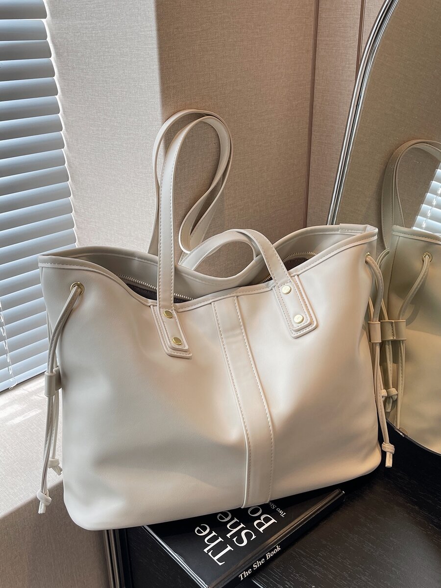 Studded Detail Shoulder Tote Bag PU Large Capacity For Daily Life - Beige - View 1