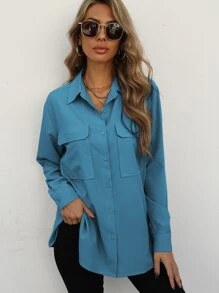 SHEIN Frenchy Flap Pocket Button Front Shirt - Blue - View 1