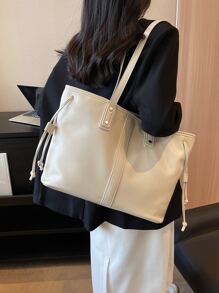 Studded Detail Shoulder Tote Bag PU Large Capacity For Daily Life - Beige - View 4