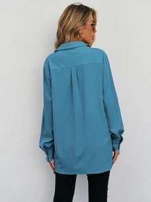 SHEIN Frenchy Flap Pocket Button Front Shirt - Blue - View 2