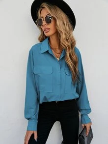 SHEIN Frenchy Flap Pocket Button Front Shirt - Blue - View 4