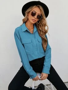SHEIN Frenchy Flap Pocket Button Front Shirt - Blue - View 5