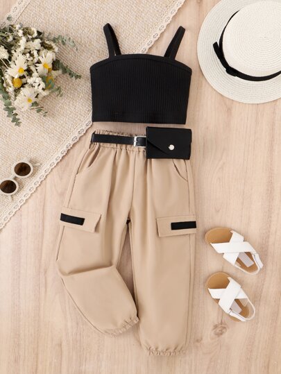 SHEIN Young Girl Cami Top & Flap Detail Pants & Belt Bag