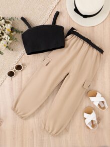 SHEIN 少女cami背心上衣&蓋子細節長褲&腰袋 - 彩色 - 查看 2