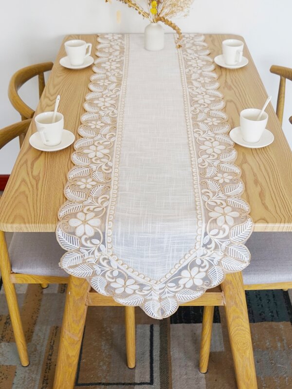 1pc Floral Embroidered Table Runner, Modern Polyester Leaf & Flower