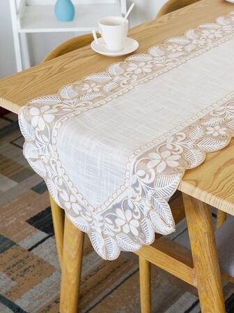 1pc Floral Embroidered Table Runner, Modern Polyester Leaf & Flower Embroidered Design Rectangle Table Runner For Dinner Table