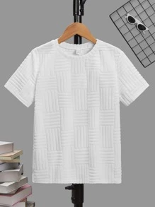 SHEIN Áo thun dệt kim tay ngắn cổ tròn dáng thường ngày phù hợp cho bé trai tuổi mới lớn màu trơn - trắng - Xem 5