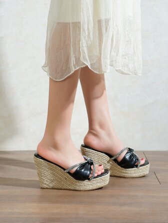 Women Rhinestone & Knot Decor Espadrille Sandals, Vacation Black Wedge Slide Sandals
